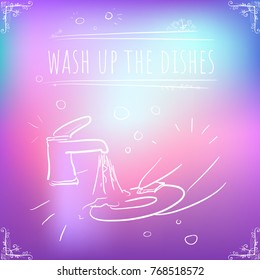 Hundred important reminders - notes - Wash Up the Dishes - Pink, purple, light blue gradient background. Vector backdrop, wallpaper, cover, mobile app, wrapping. Illustration with cute story 