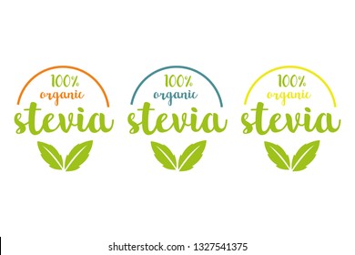 hundred Organic stevia or sweet grass vector logo set in different colors with green herbal leaves and colored semicircle