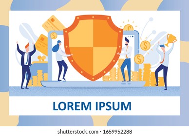 Hundred Per Cent Guarantee, That Clients Money Are Safe in Bank. Four Members Top Team, Protecting Deposits, Savings and Online Transactions with Shield. Office Worker, Dancing with Champion Cup.