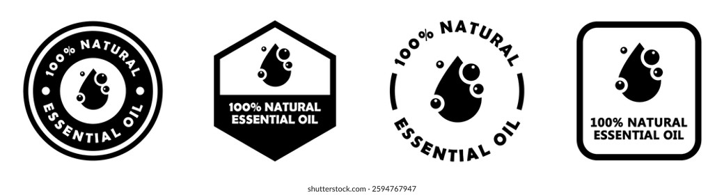 Hundred percent essential oil - vector signs for bottle or labeling.