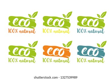 Hundred percent natural eco vector logo set in different colors with herbal leaves
