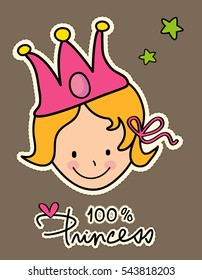 Hundred percent  princess card. A Little girl wearing a pink crown vector design