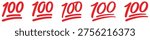 Hundred points symbols, 100 red marks, score icons, rating marks, handwritten underline style, exam score, approval sign, feedback rating