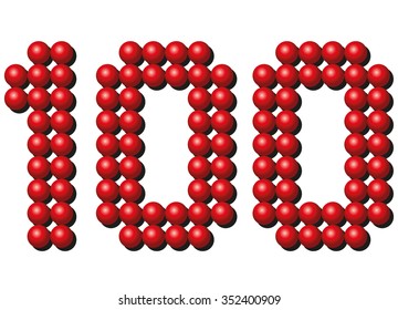 Hundred red balls arranging number HUNDRED. Isolated vector illustration on white background.