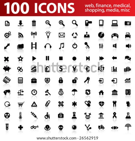 Hundred vector Icons for Web Applications. Web, medical, media, shopping and other.