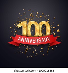 Hundred years anniversary logo template. 100 th celebrating golden numbers with red ribbon vector and confetti isolated design elements