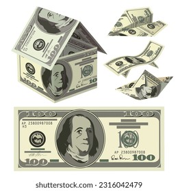 Hundred-dollar banknote origami objects and element set. Vector concept of wealth, mortgage, credit and loan.