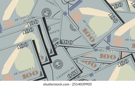 A hundred-dollar bill background. American dollar notes background. Money background. Banknotes laid out in a mess.