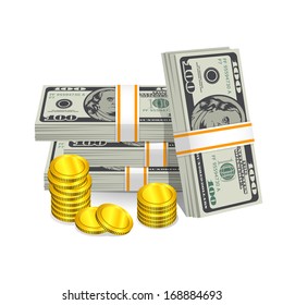Hundred-dollar bills and coins