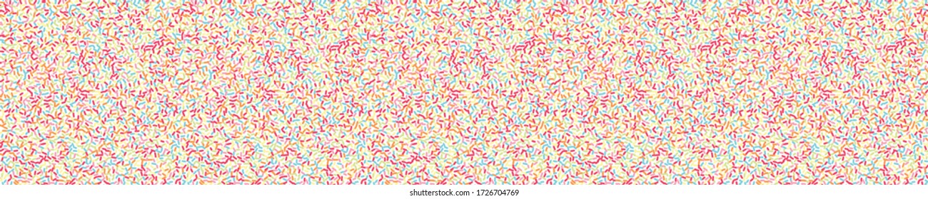 Hundreds and thousands confetti dotty border texture seamless background. Tiny colored sugar strands sprinkles ribbon banner. Cute falling decor pattern. Japanese kawai digital candy party washi tape.