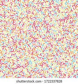 Hundreds and thousands confetti dotty paper texture seamless background. Tiny colored sugar strands sprinkles on white. Cute falling deco pattern. Japanese kawai digital candy party scrapbook paper