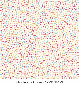 Hundreds and thousands confetti dotty paper texture seamless background. Tiny colored sugar strands sprinkles on white. Cute falling deco pattern. Japanese kawai digital candy party scrapbook paper