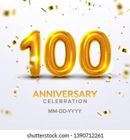 Hundredth Anniversary Celebration Number Vector. Template Of Invitation Postcard On Centenary Jubilee Of Birthday Decorated Golden Number Hundred And Flying Colorful Tinsel. Illustration