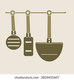 Hung kitchen ladle with 3 long handled tools hung by their end rings on a wall rail in sand olive colours, a flat geometric drawing of kitchen utensils with no food shown.