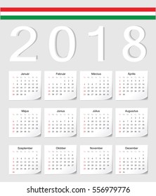 Hungarian 2018 vector calendar with shadow angles. Week starts from Sunday.