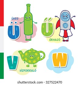Hungarian alphabet. Bottle, Spacecraft, Maker. Vector letters and characters.