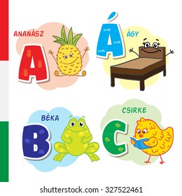 Hungarian alphabet. Pineapple, bed, frog, chicken. Vector letters and characters.