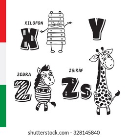 Hungarian alphabet. Xylophone, Zebra, Giraffe. Vector letters and characters.