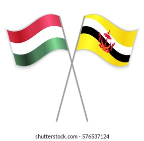 Hungarian and Bruneian crossed flags. Hungary combined with Brunei isolated on white. Language learning, international business or travel concept.