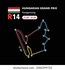 Hungarian Circuit 2025 map, vector isolated illustration for racing calendar, ready to print