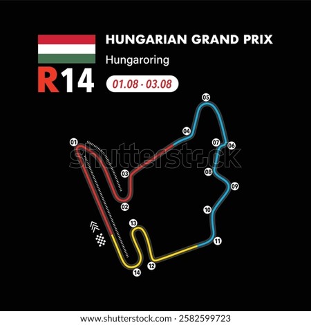 Hungarian Circuit 2025 map, vector isolated illustration for racing calendar, ready to print
