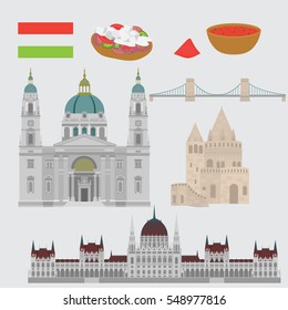 Hungarian City sights in Budapest. Hungary Landmark Global Travel And Journey Architecture Elements , Chain Bridge. Budapest parliament, Fisherman's bastion, St. Istvan basilica. Traditional food 