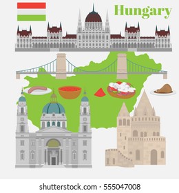 Hungarian City sights in Budapest. Hungary Landmark Architecture Elements Buda castle, Chain Bridge. Budapest parliament, Fisherman's bastion, St. Istvan basilica. Traditional food goulash, langos