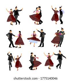 Hungarian csardas folk dancer couples in love, vector illustration. German folklore Oktoberfest actors. Austrian traditional wedding culture from East Europe. Balkan dancing. Woman and man festival. 