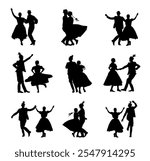 Hungarian csardas folk dancers couple in love vector silhouette illustration. Germany folklore October fest actors. Vintage traditional wedding dance shape shadow. Balkan dancing. Woman man festival.