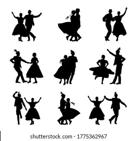 Hungarian csardas folk dancers couple in love vector silhouette illustration. Germany folklore October fest actors. Austrian traditional wedding culture East Europe Balkan dancing. Woman man festival.