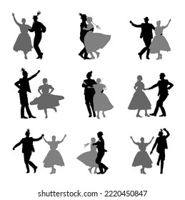 Hungarian csardas folk dancers couple in love vector silhouette illustration. Germany folklore October fest actors. Austrian traditional wedding culture East Europe Balkan dancing. Woman man festival.