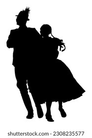 Hungarian csardas folk dancers couple in love vector silhouette illustration. Germany folklore October fest actors. Austrian traditional wedding culture East Europe Balkan dancing. Woman man festival.