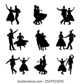 Hungarian csardas folk dancers couple in love vector silhouette illustration. Germany folklore October fest actors. Vintage traditional wedding dance shape shadow. Balkan dancing. Woman man festival.