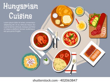 Hungarian cuisine fried bread langos with cream and cheese, served with salami, egg noodles with cheese and meat stew, fish soup with paprika pepper, vegetable salad and stove cakes with lemonade