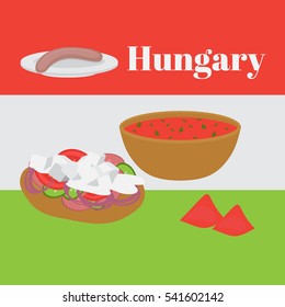 Hungarian cuisine fried bread langos with cream and cheese, served with salami, egg noodles with cheese and meat stew, fish soup with paprika pepper, vegetable salad and stove cakes with lemonade