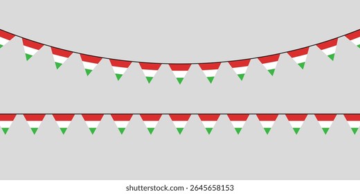Bandeira húngara com flâmulas vermelhas, brancas e verdes penduradas em fileiras festivas sobre um fundo neutro — perfeito para celebrações nacionais.