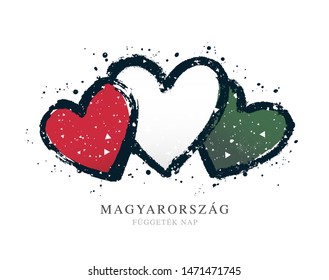 Hungarian flag in the form of three hearts. Vector illustration on a white background. Brush strokes are drawn by hand. Hungary Independence Day.