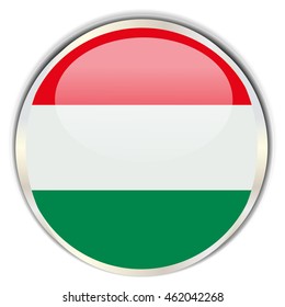 Hungarian Flag. Glossy button with glare in bright round frame.
