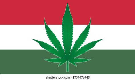 Ungarische Flagge isolierte Vektorgrafik mit realen Proportionen und Farben. Grünes Unkrautblatt soll in Ungarn die legale cbd- und cannabis-Agrarindustrie und -politik vertreten