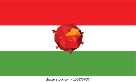Hungarian flag with low poly coronavirus, vector design.