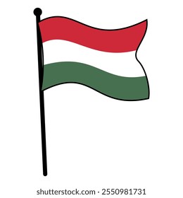 Hungarian Flag Waving on Flagpole, Minimalist Sticker Template for Badge, Mark, or Logo, Editable and Scalable Vector Illustration in EPS Format, Isolated on White Background