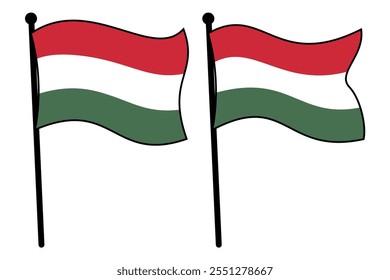 Hungarian Flag Waving on Flagpole in Simple Sticker, Icon, Logo, Template Collection Design, Vector EPS Isolated on White Background