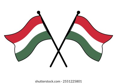 Hungarian Flags in Crossed Position on Flagpoles for Sticker and Logo Mockup, Clean and Simple Vector Illustration, Editable and Scalable in EPS on White Background