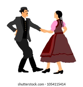 Hungarian folk dancers couple vector illustration. Germany folk dancer couple in love. Austrian folk dancers couple. East Europe folklore. Balkan folk dancing. Traditional wedding folklore event.