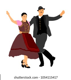 Hungarian folk dancers couple vector illustration. Germany folk dancer couple in love. Austrian folk dancers couple. East Europe folklore. Balkan folk dancing. Traditional wedding folklore event.