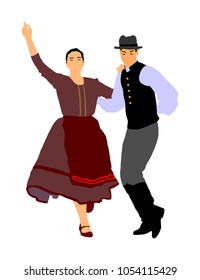 Hungarian folk dancers couple vector illustration. Germany folk dancer couple in love. Austrian folk dancers couple. East Europe folklore. Balkan folk dancing. Traditional wedding folklore event.