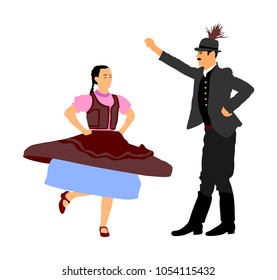 Hungarian folk dancers couple vector illustration. Germany folk dancer couple in love. Austrian folk dancers couple. East Europe folklore. Balkan folk dancing. Traditional wedding folklore event.