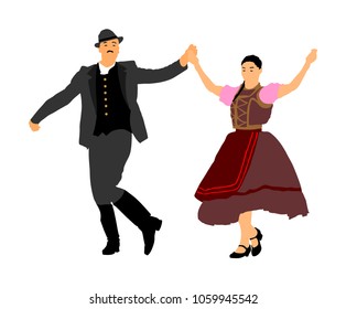 Hungarian folk dancers couple vector illustration. Germany folk dancer couple in love. Austrian folk dancers couple. East Europe folklore. Balkan folk dancing. Traditional wedding folklore event.