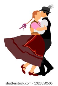 Hungarian folk dancers couple vector illustration. Germany folk dancer couple in love. Austrian folk dancers couple. East Europe folklore. Balkan folk dancing. Traditional wedding folklore event.