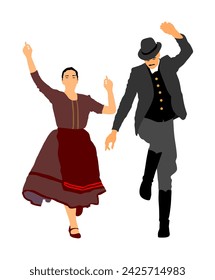 Hungarian folk dancers couple vector illustration. Germany folk dancer couple in love. Austrian folk dancers couple. East Europe folklore. Balkan folk dancing. Traditional wedding folklore czardas